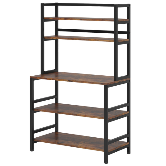 32" Kitchen Bakers Rack with Hutch, 5-Tier Industrial Microwave Stand & Utility Storage Shelf, Rustic Brown Coffee Bar