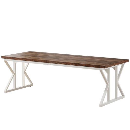 71" Modern Conference Table, Rustic Brown & White Rectangular Meeting Table with Industrial X-Legs, Large Executive Desk
