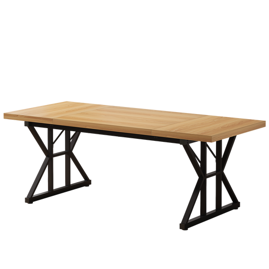 71" Industrial Farmhouse Dining Table, Natural Oak & Black Rectangular Kitchen Table with Heavy Duty Metal X-Legs, Large