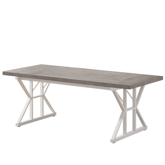 71" Modern Farmhouse Dining Table, Grey & White Rectangular Kitchen Table with Industrial Metal X-Legs, Large Executive
