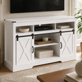 color:white | White 58-inch farmhouse TV stand open shelving and media storage detail