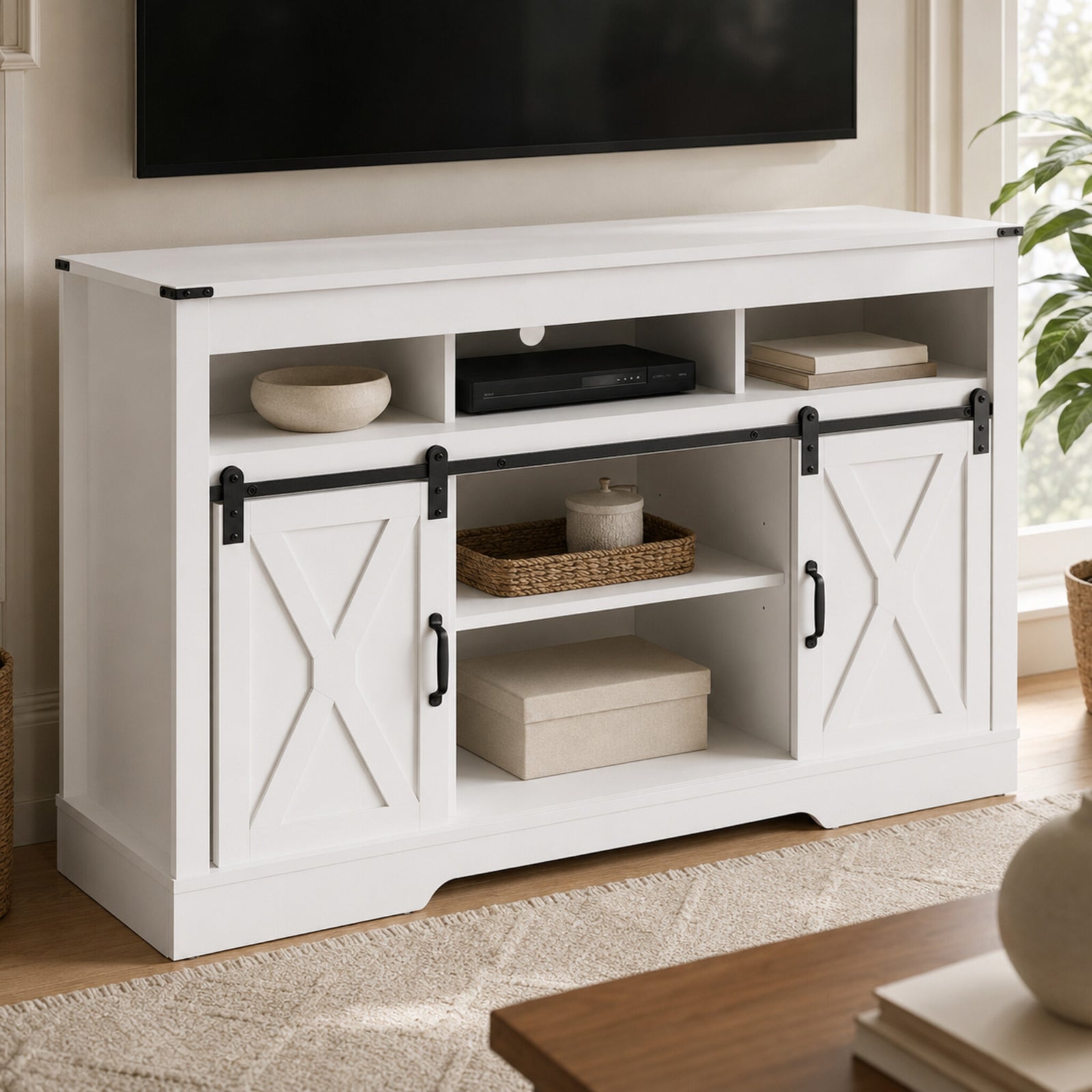 color:white | White 58-inch farmhouse TV stand open shelving and media storage detail