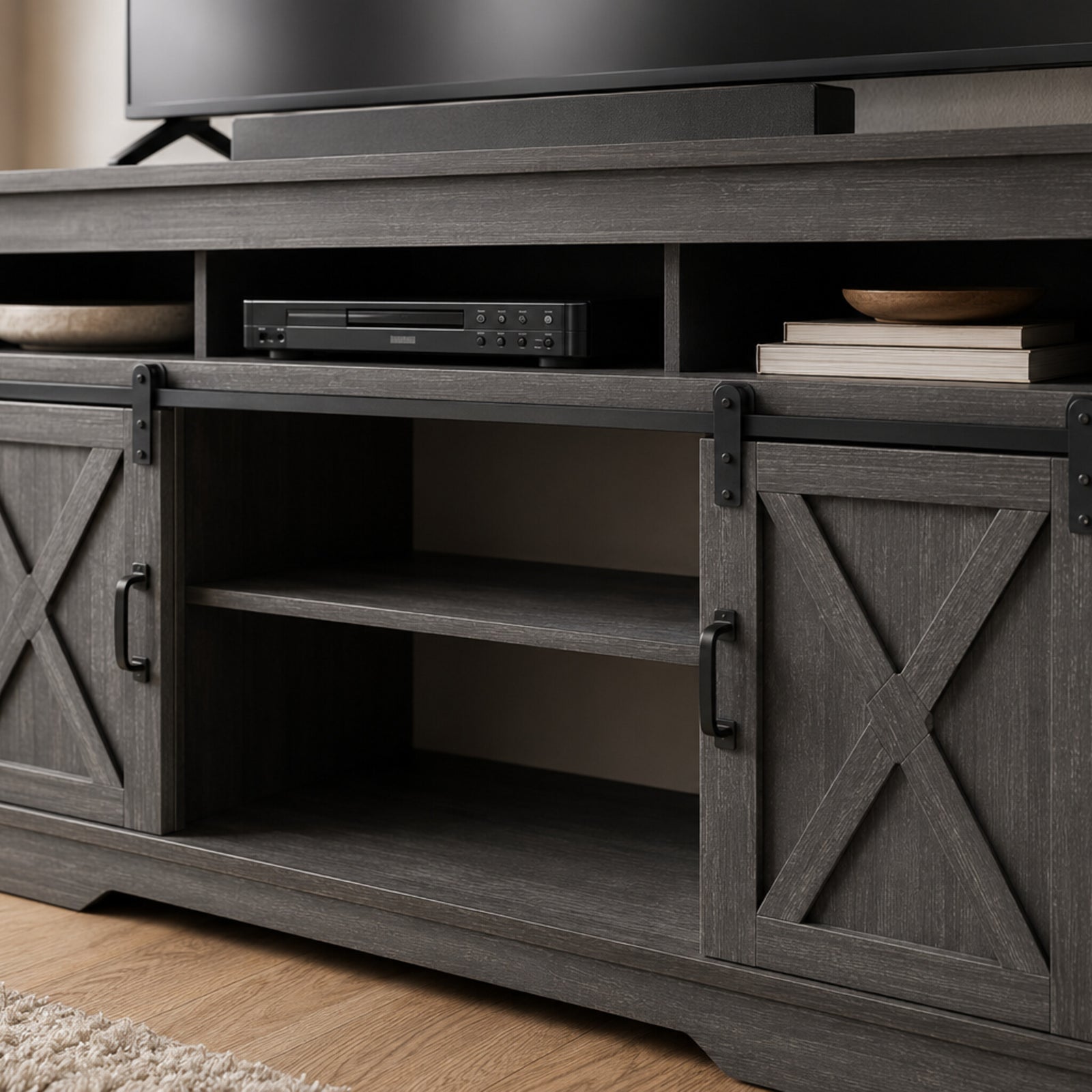 color:dark-gray | Dark Gray 58-inch farmhouse TV stand open shelving and media storage detail