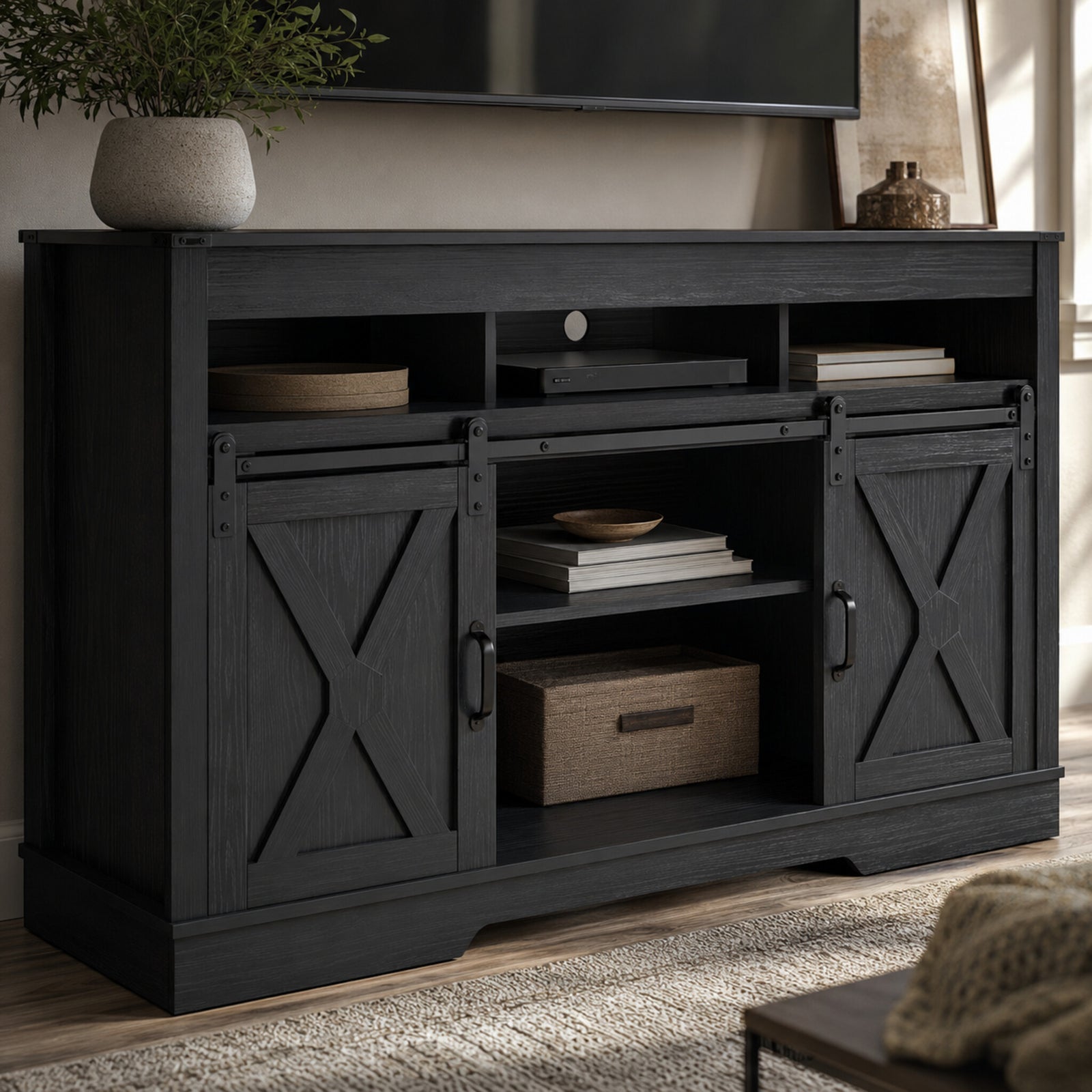color:black | Black 58-inch farmhouse TV stand open shelving and media storage detail