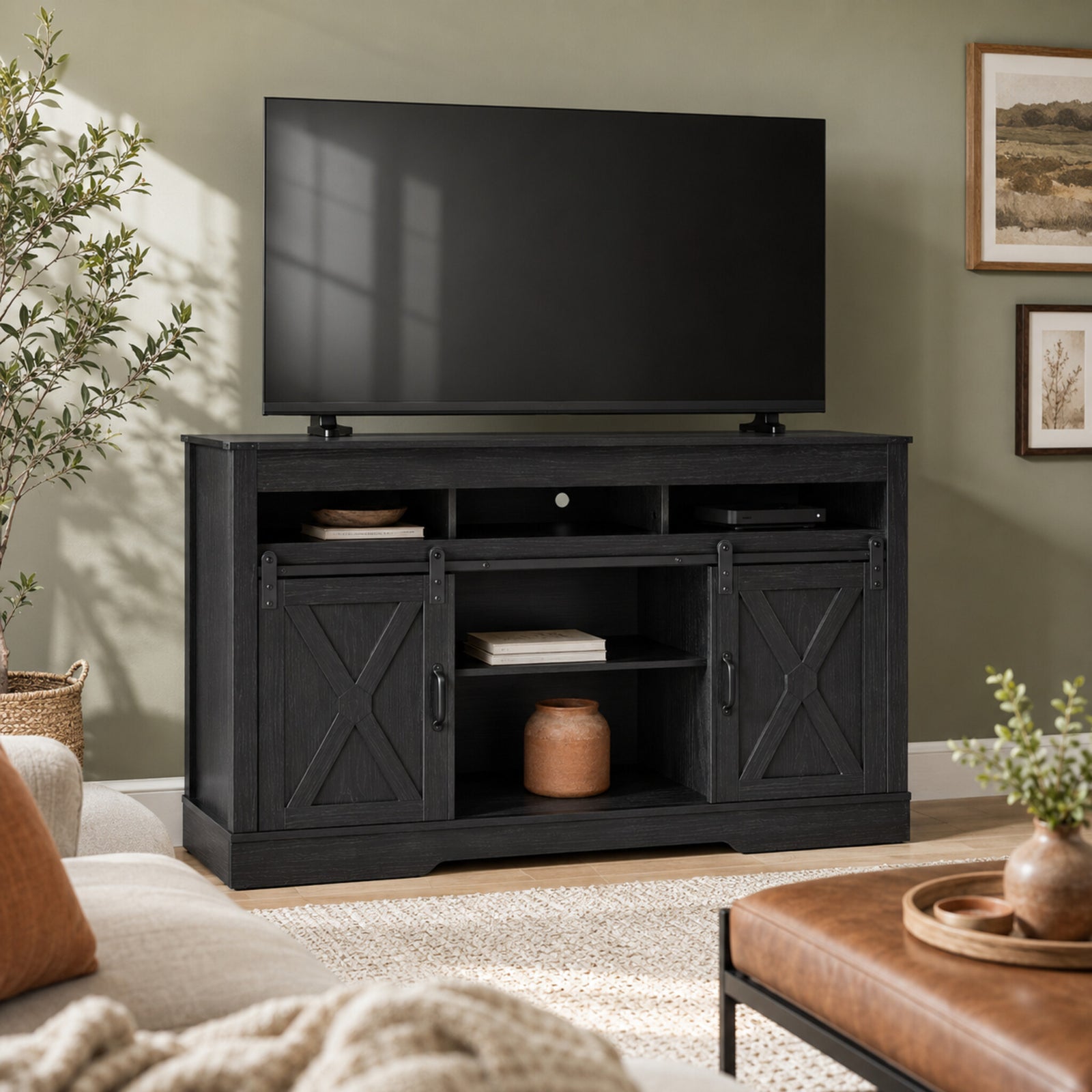 color:black | Black 58-inch farmhouse TV stand in a bright coordinated living room