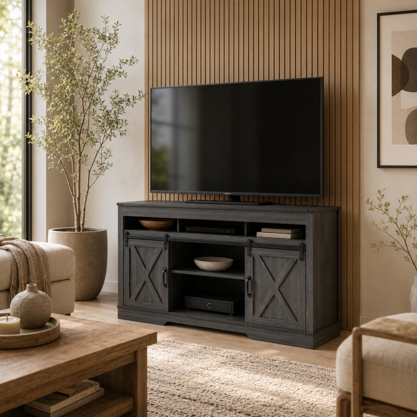 color:dark-gray | Dark Gray 58-inch farmhouse TV stand in a bright coordinated living room