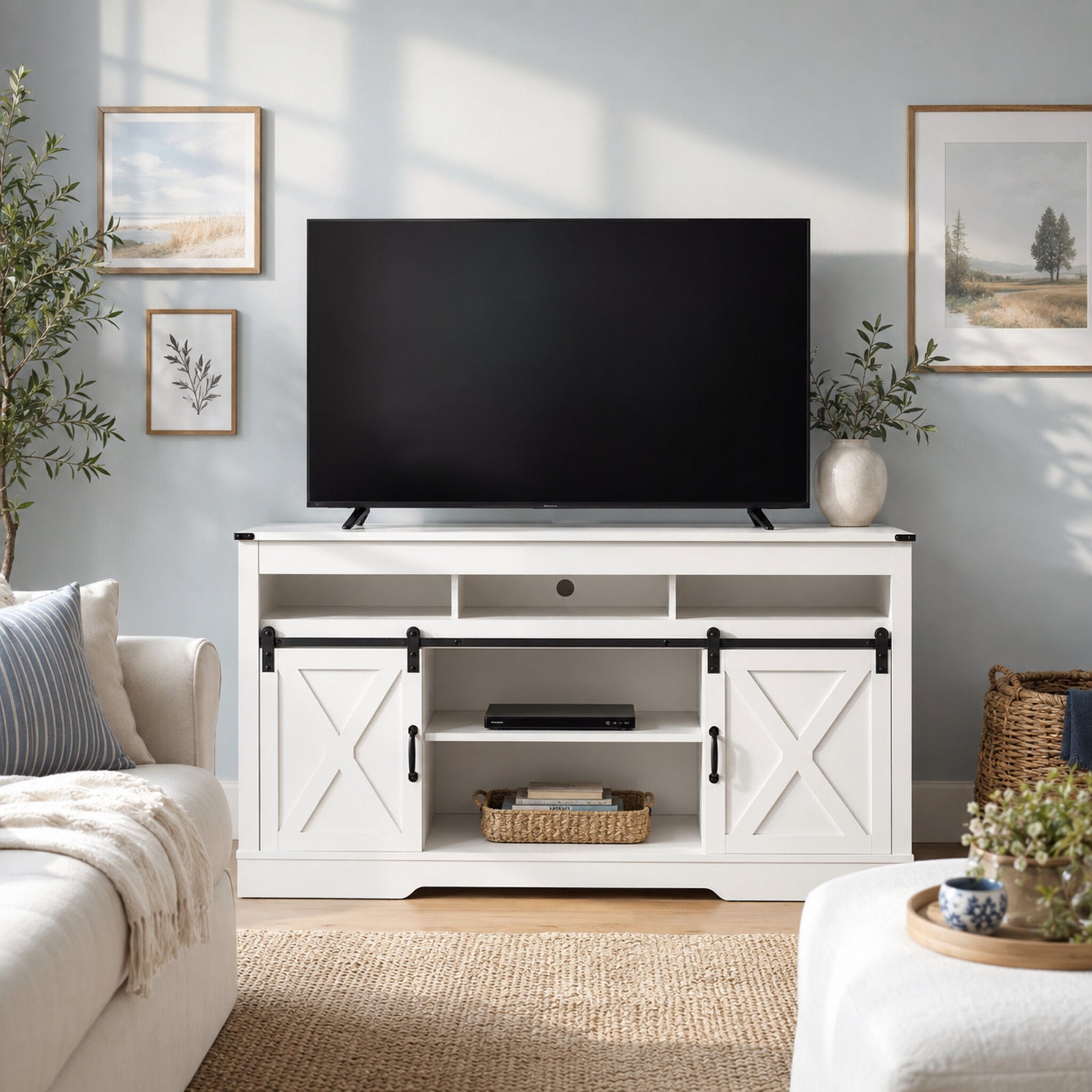 color:white | White 58-inch farmhouse TV stand in a bright coordinated living room