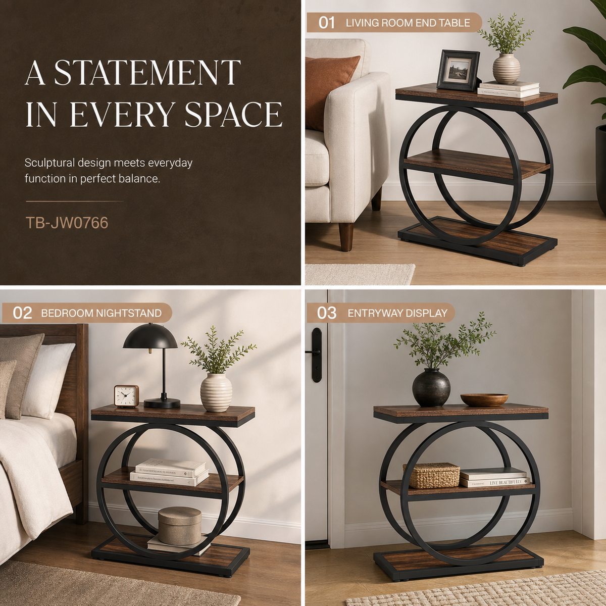 Brown | Side End Table with 3 Storage Shelves product detail 9 | EMOOTTOO