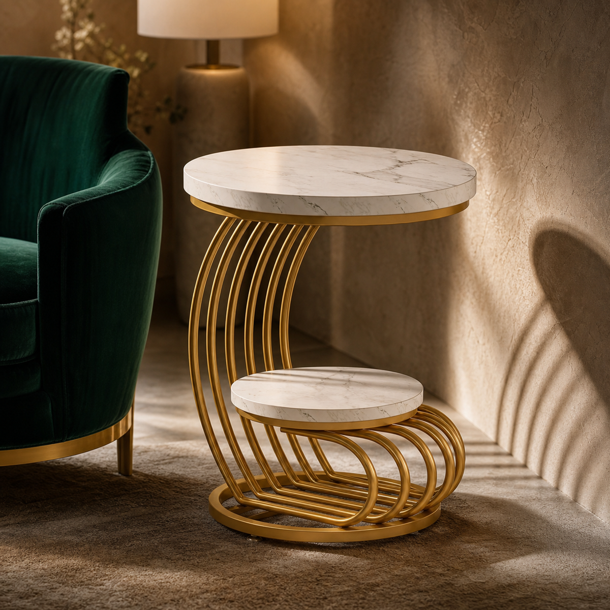 White & Gold | Round End Side Table: Side Table with 2 Tiers Storage Shelves in a styled room setting | EMOOTTOO