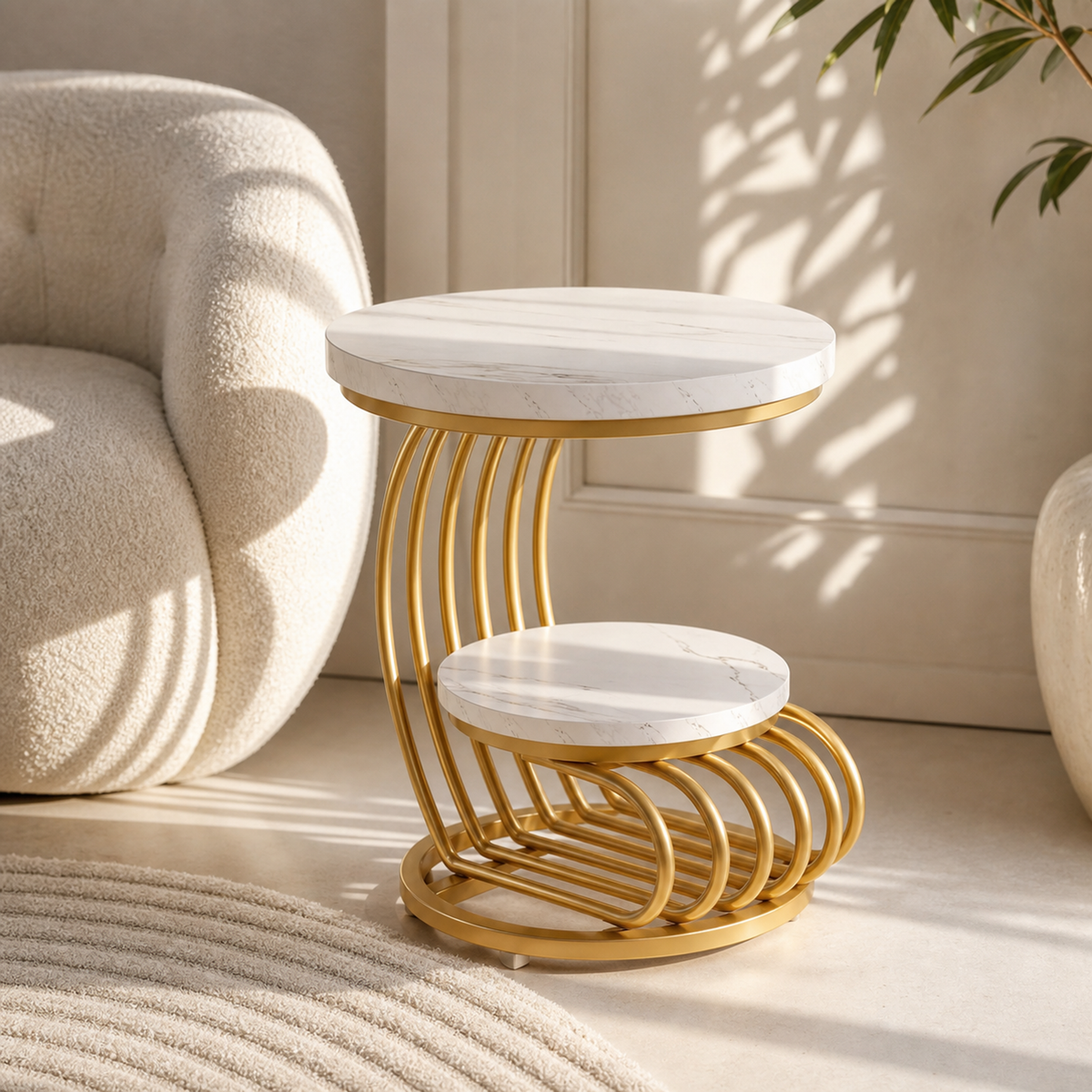 White & Gold | Round End Side Table: Side Table with 2 Tiers Storage Shelves product detail 3 | EMOOTTOO