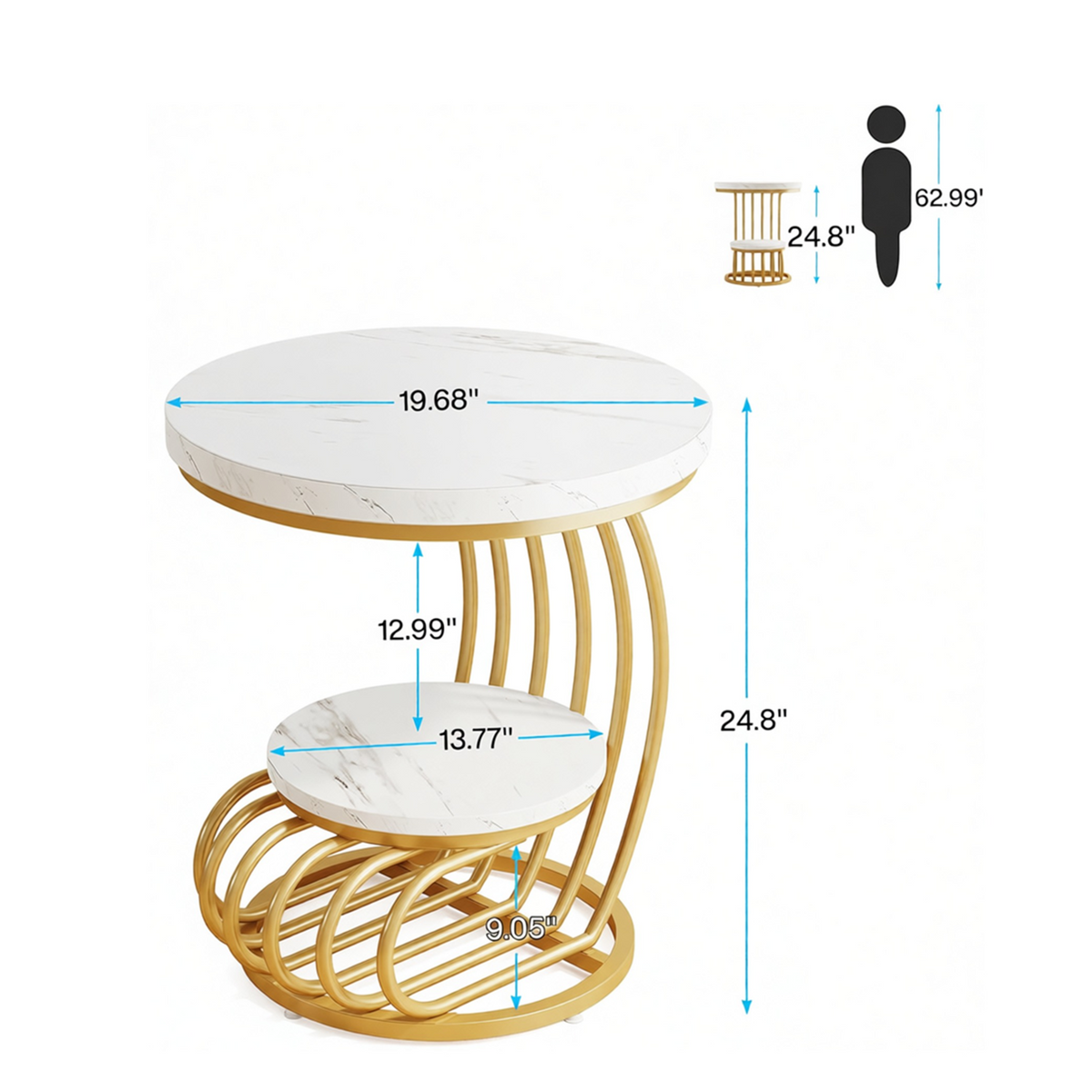 White & Gold | Round End Side Table: Side Table with 2 Tiers Storage Shelves product detail 4 | EMOOTTOO