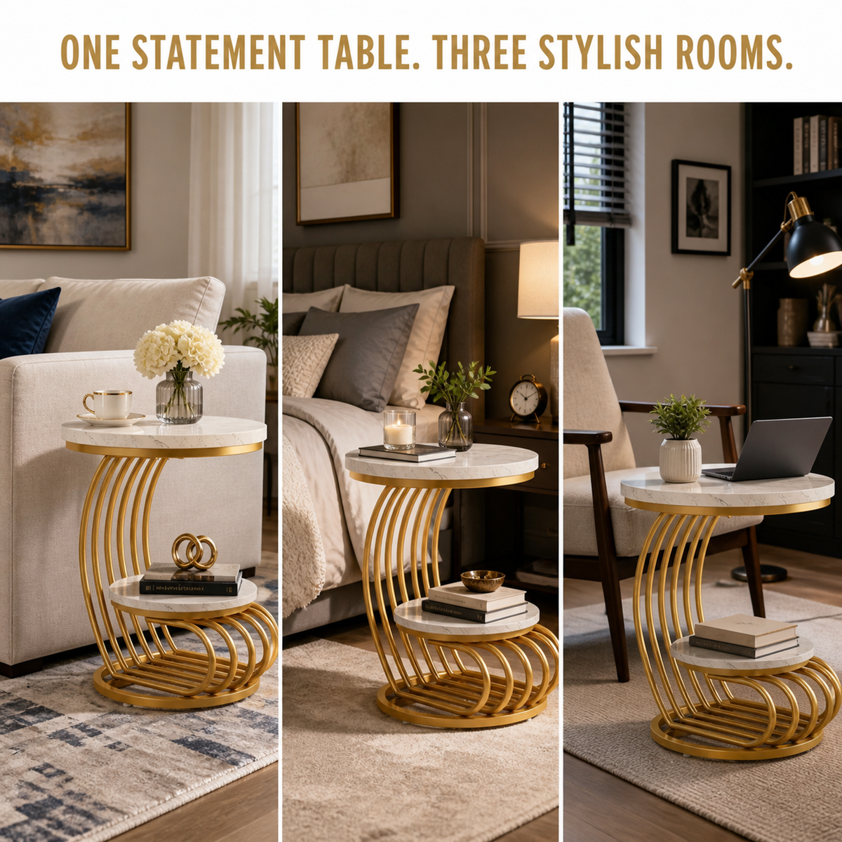 White & Gold | Round End Side Table: Side Table with 2 Tiers Storage Shelves product detail 9 | EMOOTTOO