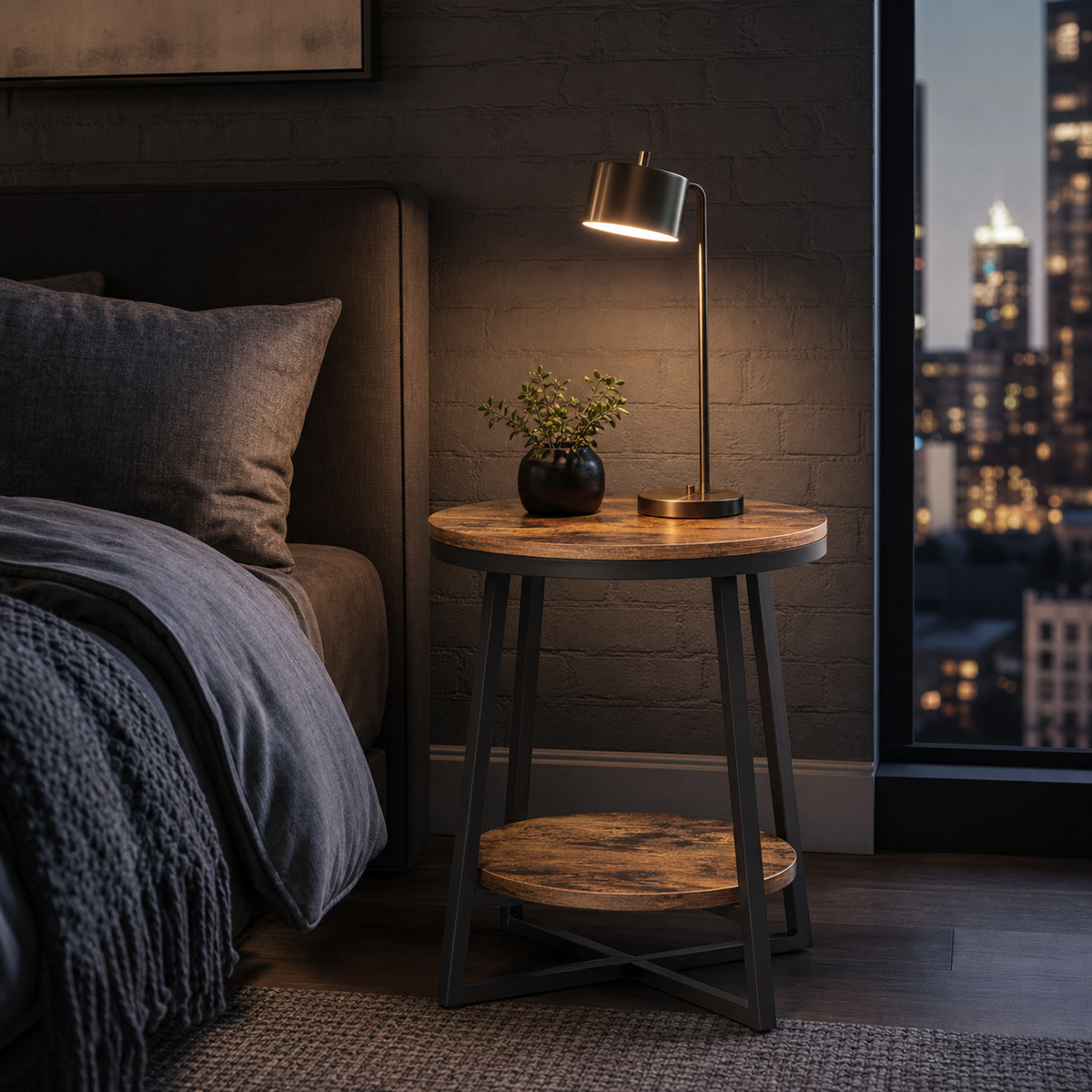 Industrial End Table with Shelf in a styled room setting | EMOOTTOO