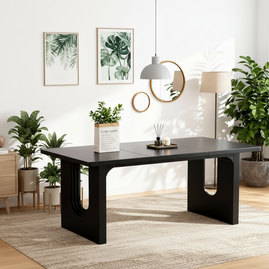 Emootto 71" Modern Black Dining Table - Large Rectangular Kitchen Table with Sculptural Pedestal Base, Executive Desk for 6-8 People
