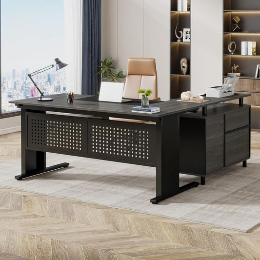 Emoottoo 63 Inch Executive Desk with File Cabinet, L Shaped Office Desk with Drawers and Storage Shelves, Business Furniture Set Workstation for Home Office, Gray and Black