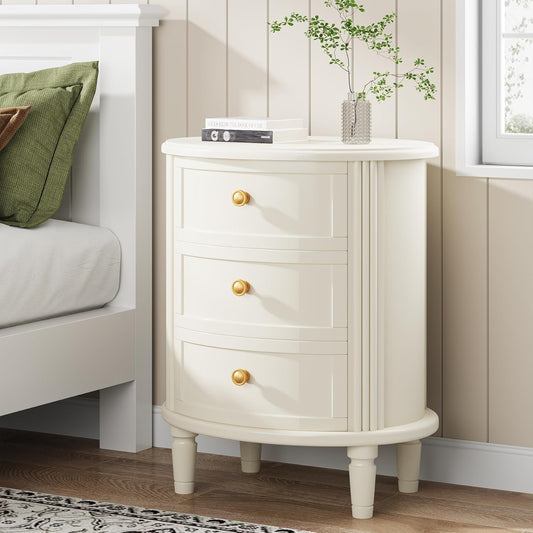 Emoottoo Nightstand with 3 Drawers, Oval Bed Side Table for Bedroom, Fully Assembled, Farmhouse Night Stand with Storage, Wooden Side End Table with Solid Wood Legs for Living Room, Beige White