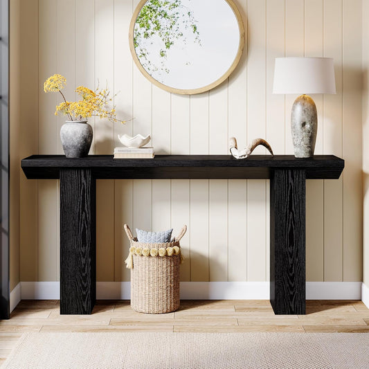 Emoottoo 62.99-Inch Long Entryway Console Table, Farmhouse Wooden Narrow Behind Couch Table for Entrance, Hallway, Living Room (Black)