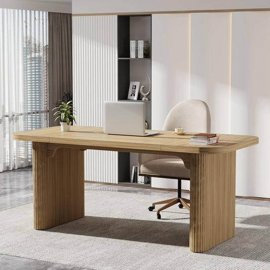 Emoottoo 62" Executive Desk, Large Office Computer Desk with Double Pedestal, Modern Simple Style Rectangle Writing Table for Home Office (Natural)