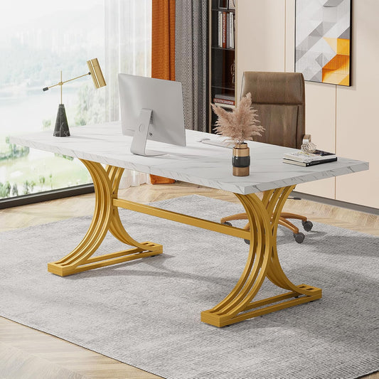 Emoottoo 63-Inch Large Office Desk, Modern Rectangular Executive Desk with Stylish Gold Legs, Wood Faux Marble Table, Business Furniture for Home Office, White and Gold