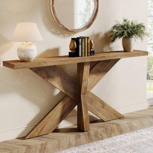 Emoottoo 70.9 Inches Long Sofa Table Behind Couch, Farmhouse Console Entry Table with Wooden Geometric Base for Entryway, Living Room, Oak Brown