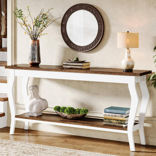 Emoottoo 70.9 Inches Extra Long Sofa Table Behind Couch, Vintage Console Entry Table with 2-Tier Storage for Hallway, Entryway, Living Room, White & Brown