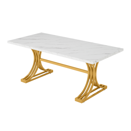 63-Inch Large Office Desk, Modern Rectangular Executive Desk with Stylish Gold Legs, Wood Faux Marble Table, Business