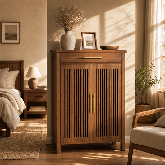 EMOOTTOO 43" Walnut Shoe Storage Cabinet with Louvered Doors and Drawer