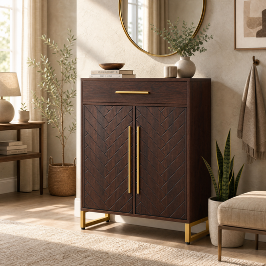 EMOOTTOO Mid-Century Modern 6-Tier Shoe Cabinet with Herringbone Carved Doors, Walnut, 31.5" Wide
