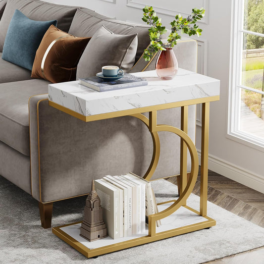 EMOOTTOO Narrow Side Table White Gold C Shaped End Table Modern Bedside Tables Small Chairside Table for Couch, Sofa Table with Metal Frame for Living Room (1, White+Gold)