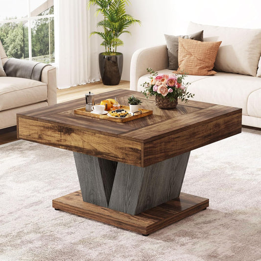 Emoottoo Square Coffee Table, Wood Center Table for Living Room, 31.5" Modern Cocktail Tea Accent Table, Rustic Brown & Black