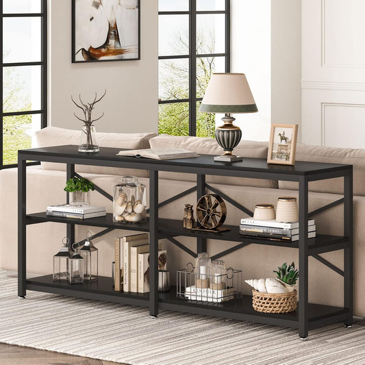 Emoottoo 70.9 Inch Extra Long Console Table, Modern Sofa Table Behind Couch Table with Storage Shelves, 3-Tier Industrial Hallway Entryway Table for Living Room, 3 Shelf Bookshelf(Black)