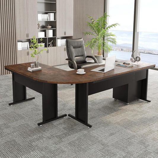 Emoottoo 83" L-Shaped Executive Desk, Large Office Desk with Drawers, Industrial Corner Computer Table with Rolling File Cabinet, Business Workstation for Home Office (Brown, 83 Inches)
