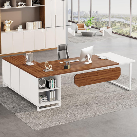 Emoottoo 70.8-Inch Executive Desk with 55-Inch File Cabinet, Large L Shaped Computer Desk with Storage Cabinet and Shelves, Modern L-Shaped Desk for Home Office, Walnut & White