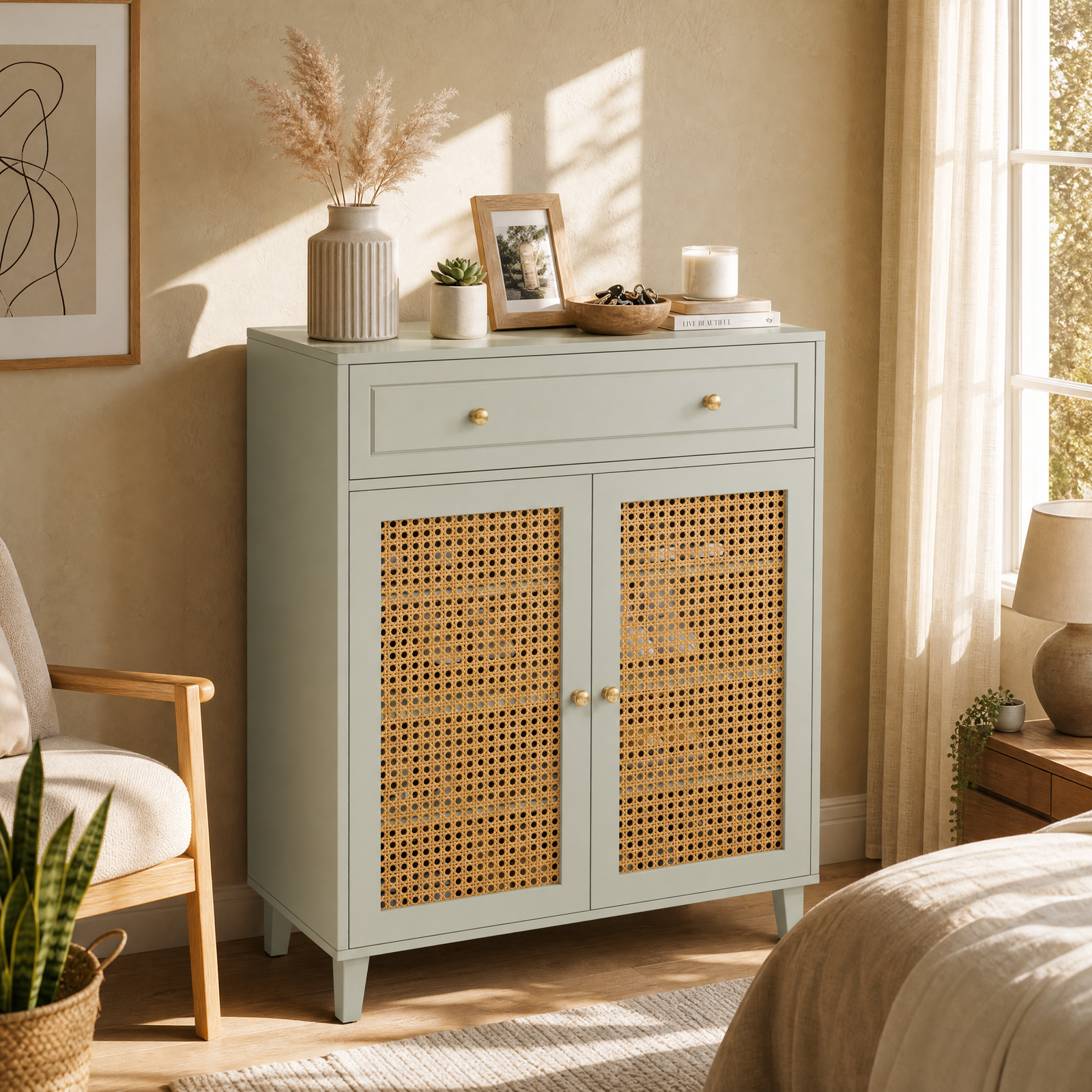 EMOOTTOO 44" Mint Green Shoe Storage Cabinet with Rattan Doors and Drawer