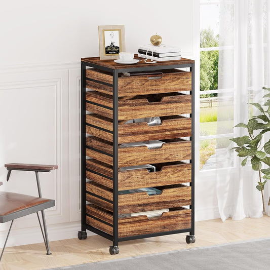 Emoottoo 7 Drawer Chest, Wood Storage Dresser Cabinet with Wheels, Industrial Storage Drawer Organizer Cart for Office Bedroom Entryway (Rustic Brown, 1 PC)