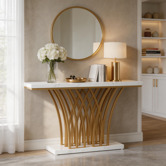 Emoottoo 59 inch Gold Console Table, Modern Entryway Table with Grid-Shaped Metal Base for Entrance, Hallway, Entryway, Living Room(White Faux Marble & Gold)