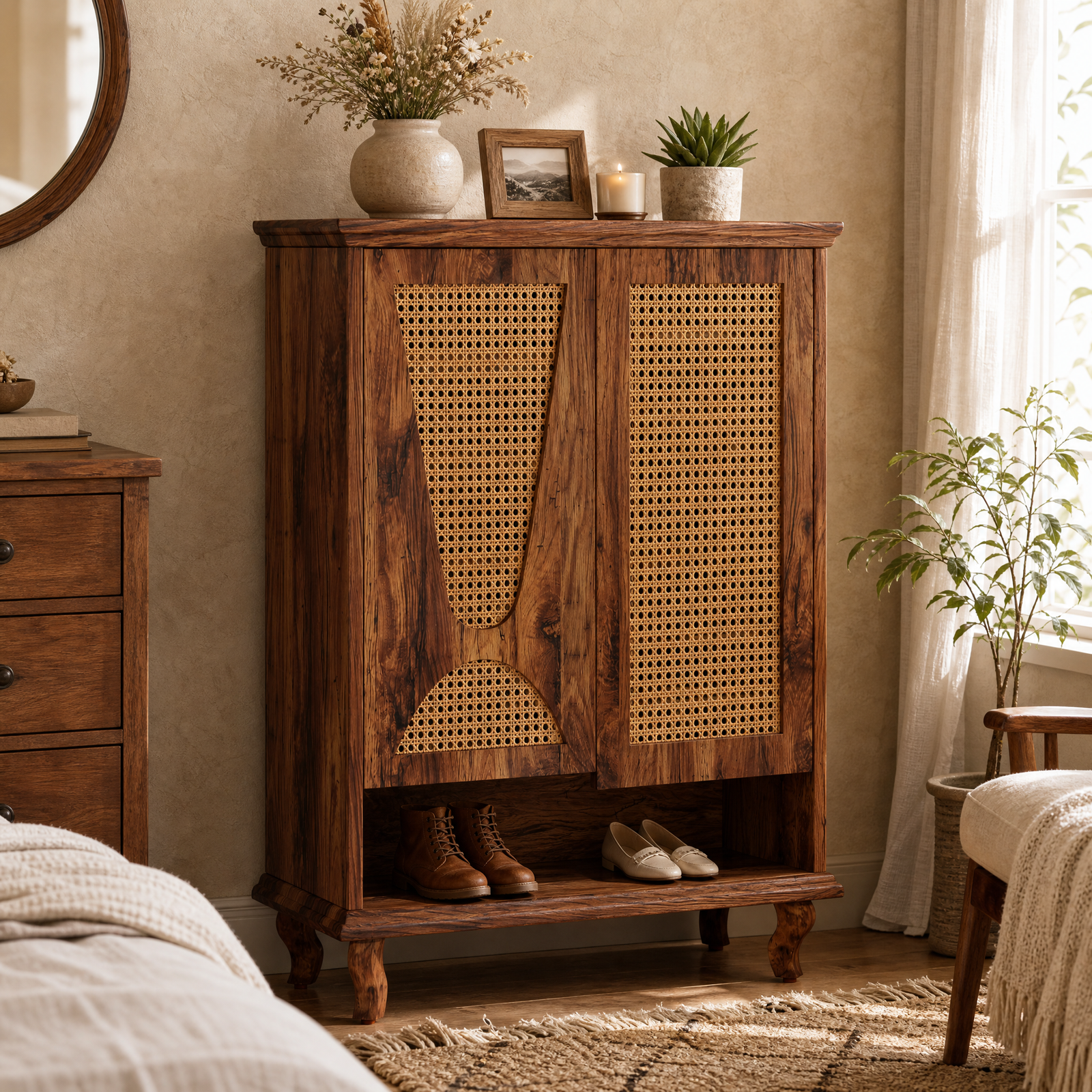 EMOOTTOO 43" Boho Rattan Shoe Storage Cabinet