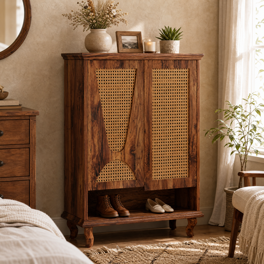 EMOOTTOO 43" Boho Rattan Shoe Storage Cabinet