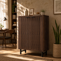 EMOOTTOO 43" Dark Walnut Shoe Storage Cabinet with Breathable Louvered Doors
