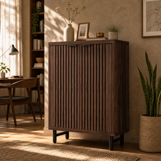 EMOOTTOO 43" Dark Walnut Shoe Storage Cabinet with Breathable Louvered Doors