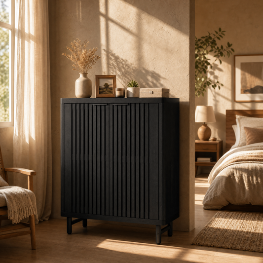 EMOOTTOO 43" Modern Black Shoe Storage Cabinet with Louvered Doors