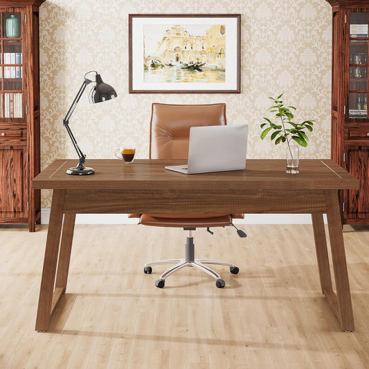 Emoottoo Home Office Executive Desk: 55 Inches Wooden Computer Desk with Drawer, Mid-Century Modern Study Writing Table, Rustic PC Laptop Desk Workstation Furniture,