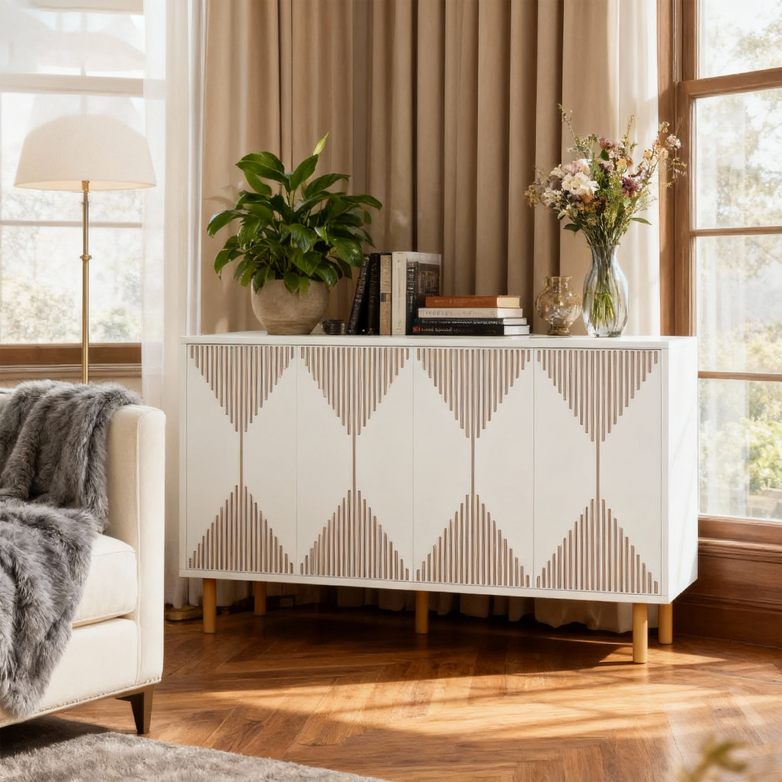 EMOOTTOO 59" Luxury White & Gold Sideboard