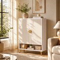 EMOOTTOO 7-Tier Shoe Cabinet with Vertical Fluted Doors, White & Gold