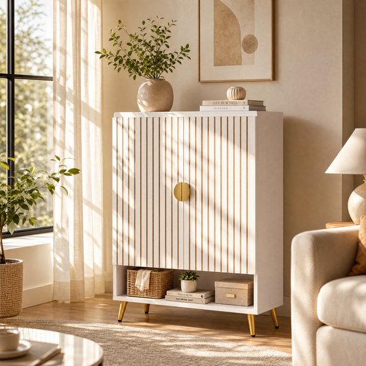 EMOOTTOO 7-Tier Shoe Cabinet with Vertical Fluted Doors, White & Gold