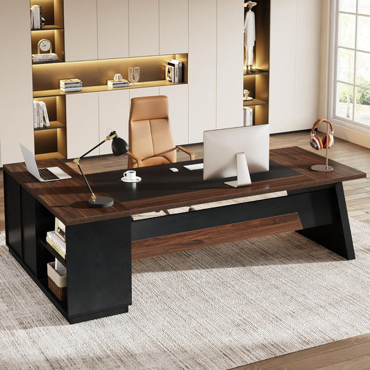 Emoottoo 78" L-Shaped Executive Desk, Large Office Desk with Drawers and File Cabinet, Modern Business Furniture for Home Office (Walnut & Black)