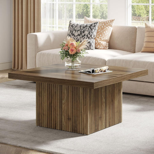 Emoottoo Square Coffee Table, 31.5-Inch Fluted Coffee Table, Mid-Century Modern Living Room Table, Large Cocktail Table for Living Room, Easy Assembly