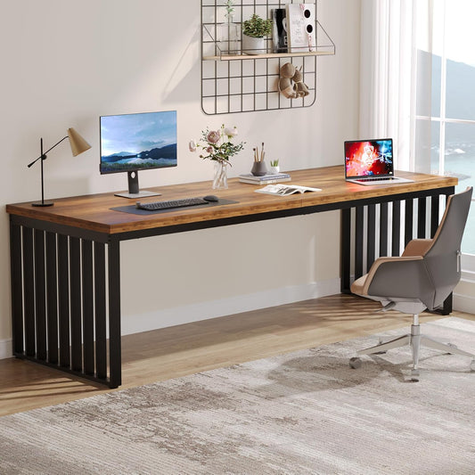 Emoottoo 78.74" Extra Long Computer Desk for 2 Person, Double Long Desk with Heavy Duty Metal Frame, Double Workstation Study Table for Home Office (Without Chair) (Brown & Black)