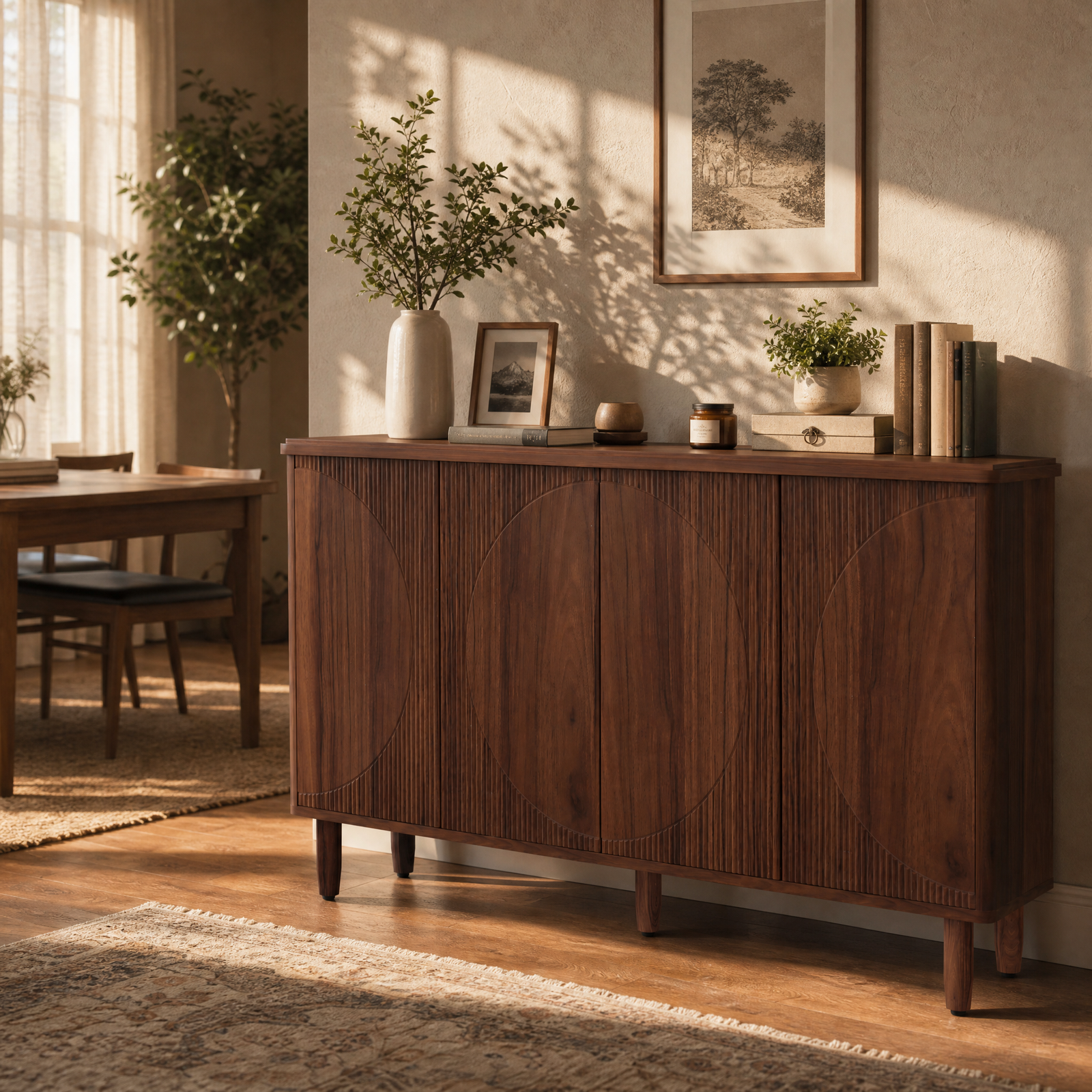 EMOOTTOO 59" Modern Buffet Sideboard Cabinet with Semicircle Pattern Doors