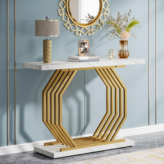 Emoottoo Gold Console Table, Faux Marble Entryway Table Narrow Sofa with Geometric Metal Base, 40 Inch Modern Accent Entrance for Living Room, Hallway, Foyer, White and Gold